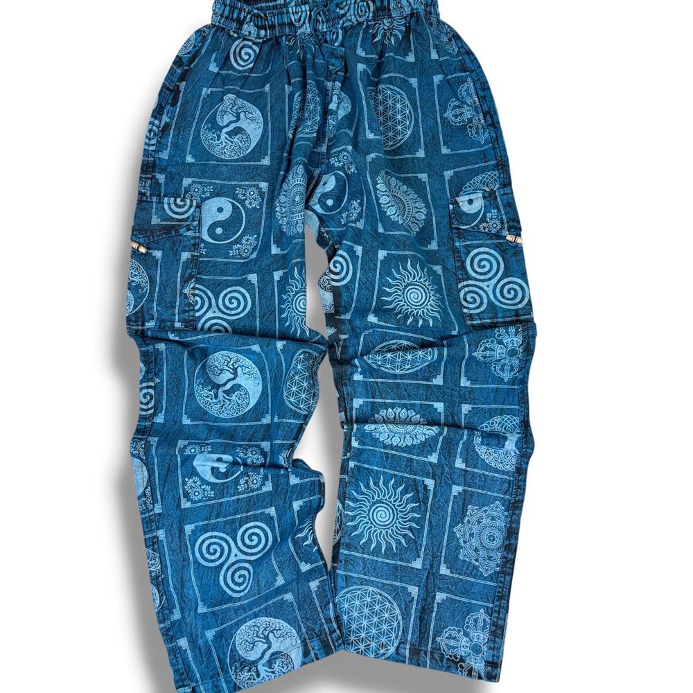 Nepalese Blue Boho Cotton Lounge Pants Mandala Print Festival Yogi Unisex L/XL